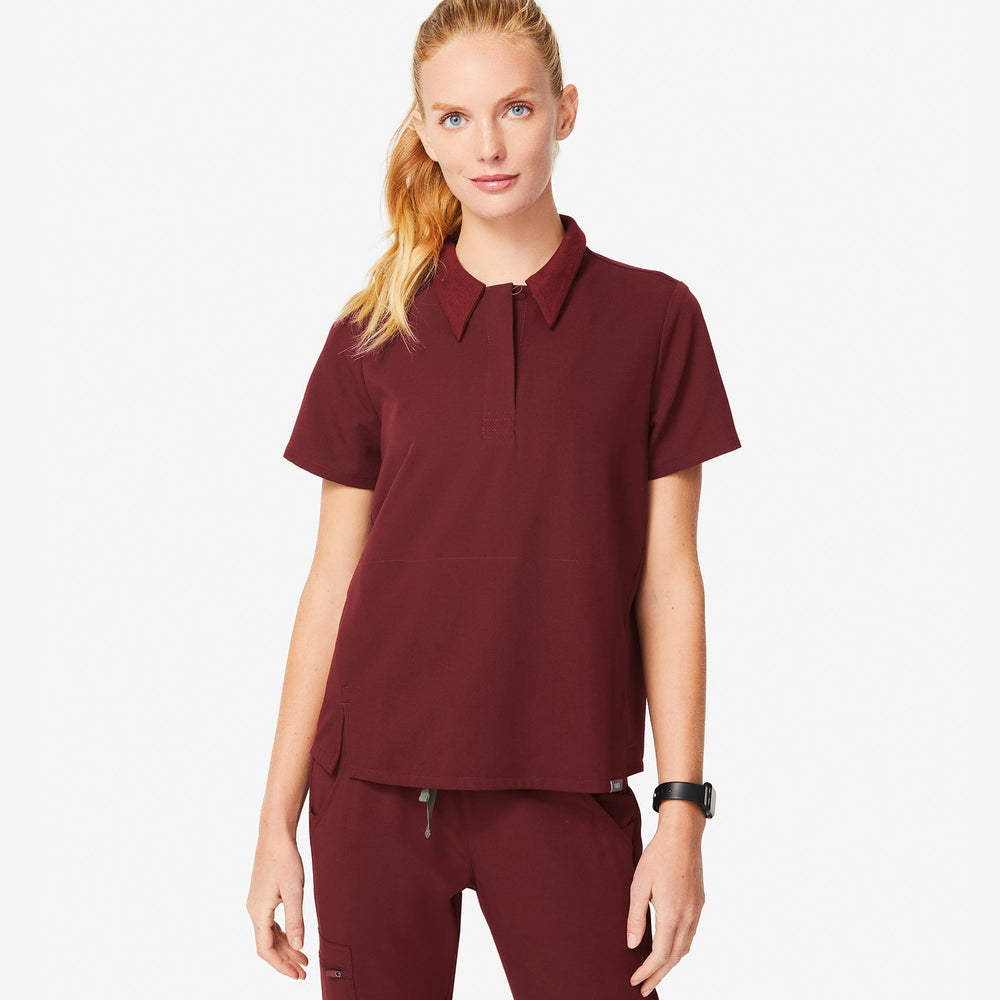 Women's Burgundy Igava - Short-Sleeve Polo Scrub Top